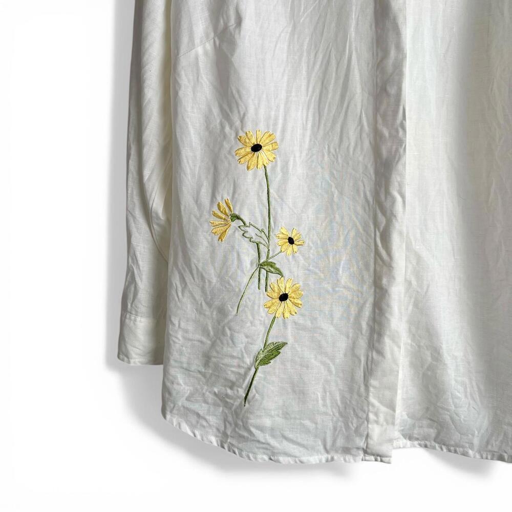 Vintage White Linen Long Sleeve Button-Up Shirt with Yellow Floral Embroidery - Picture 2 of 6